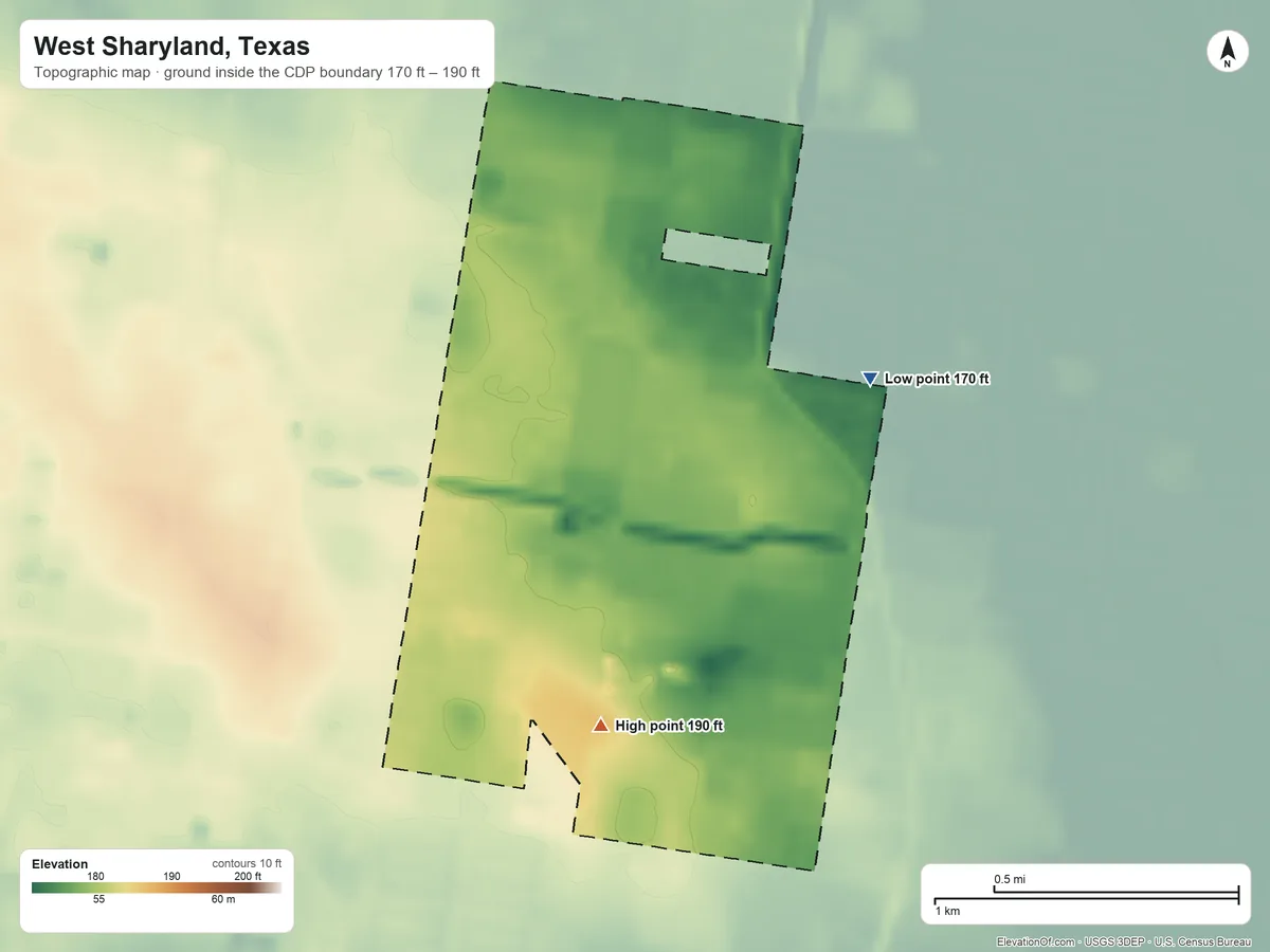 Topographic elevation map of West Sharyland, Texas, shaded from 170 ft on the east side to 190 ft on the south side