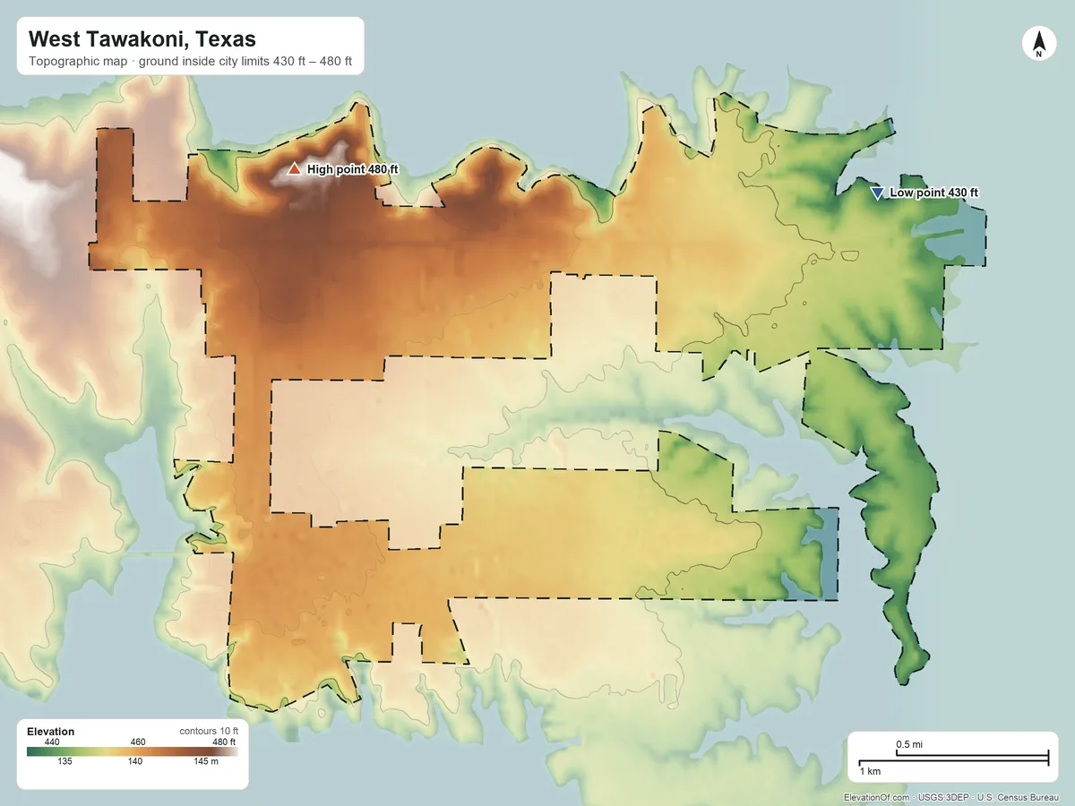 Topographic elevation map of West Tawakoni, Texas, shaded from 430 ft on the east side to 480 ft on the northwest side