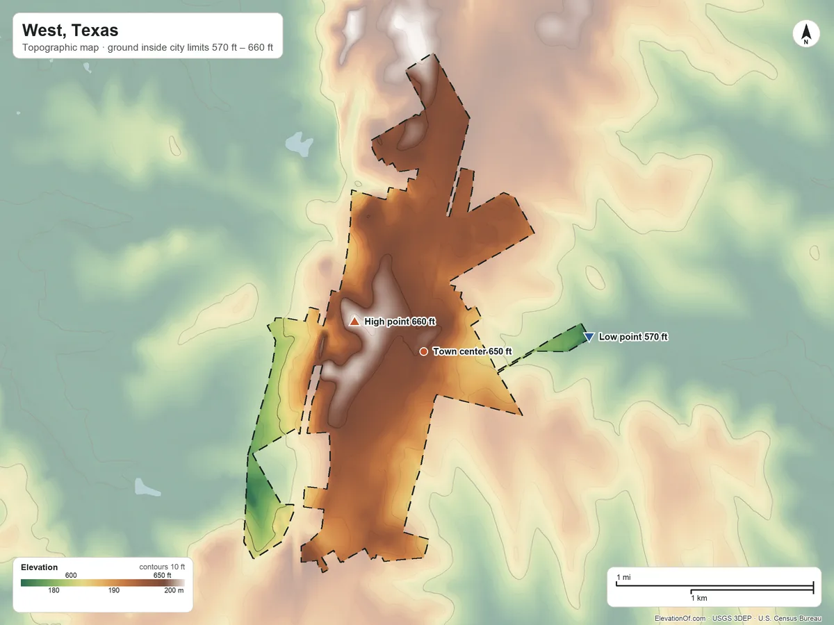 Topographic elevation map of West, Texas, shaded from 570 ft on the east side to 660 ft on the northwest side