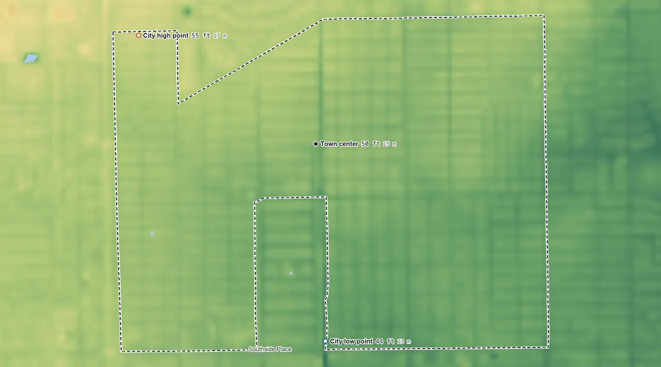 Topographic elevation map of West University Place, Texas, shaded from 44 ft on the south side to 55 ft on the northwest side