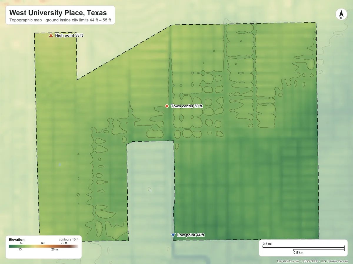 Topographic elevation map of West University Place, Texas, shaded from 44 ft on the south side to 55 ft on the northwest side