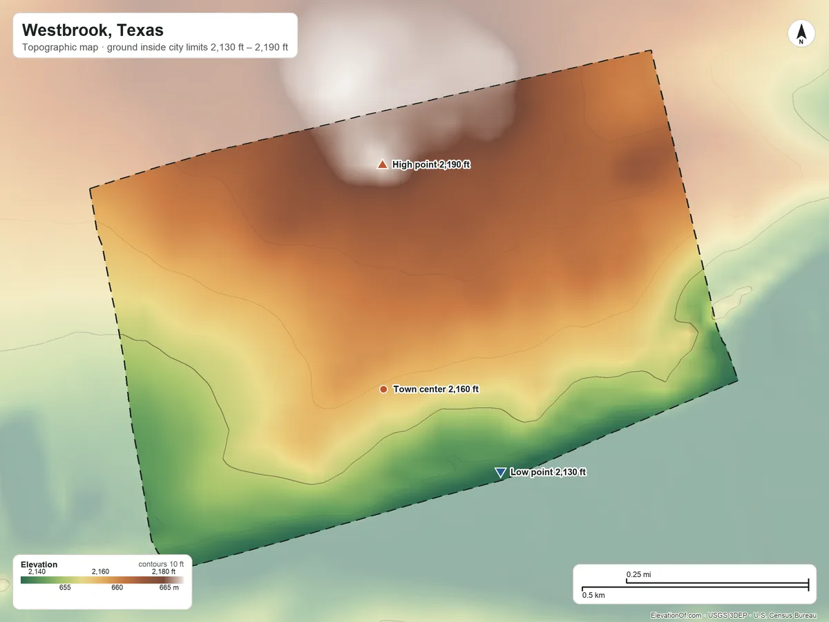 Topographic elevation map of Westbrook, Texas, shaded from 2,130 ft on the southeast side to 2,190 ft on the north side