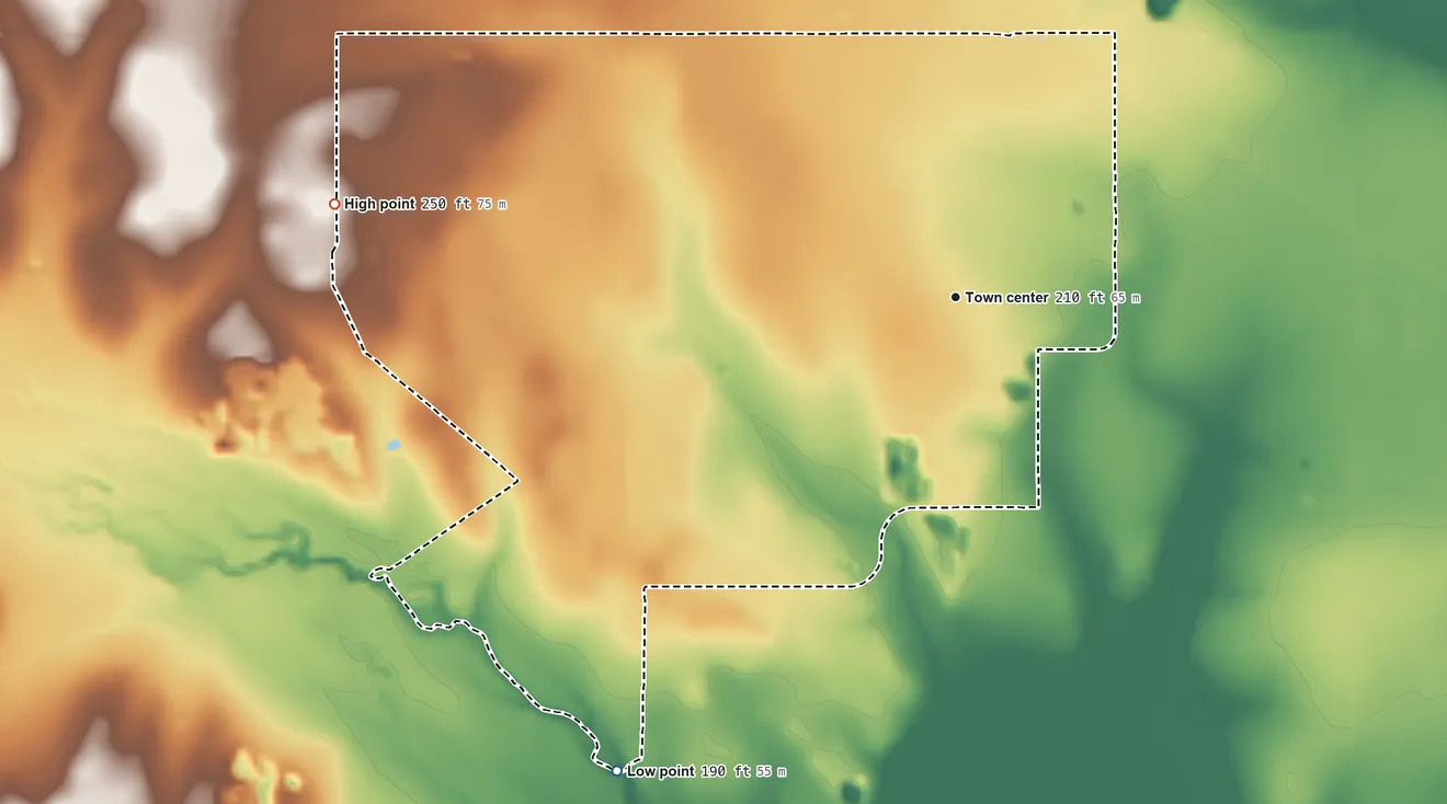 Topographic elevation map of Westdale, Texas, shaded from 190 ft on the southwest side to 250 ft on the west side