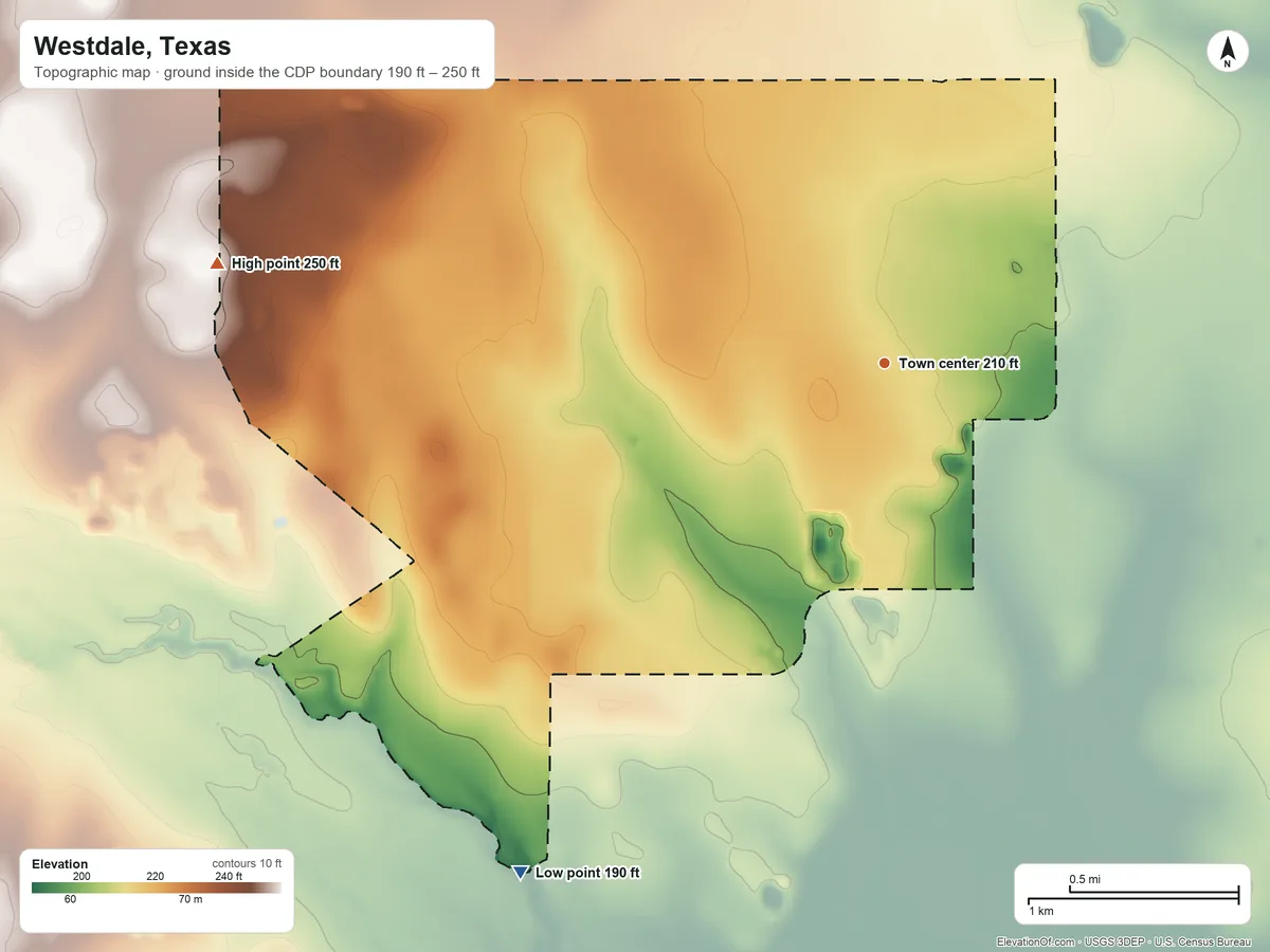 Topographic elevation map of Westdale, Texas, shaded from 190 ft on the southwest side to 250 ft on the west side