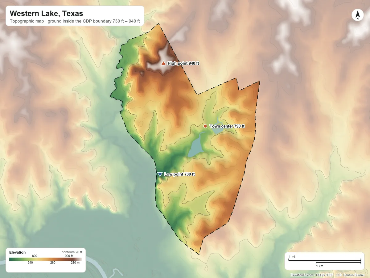 Topographic elevation map of Western Lake, Texas, shaded from 730 ft on the southwest side to 940 ft on the northwest side