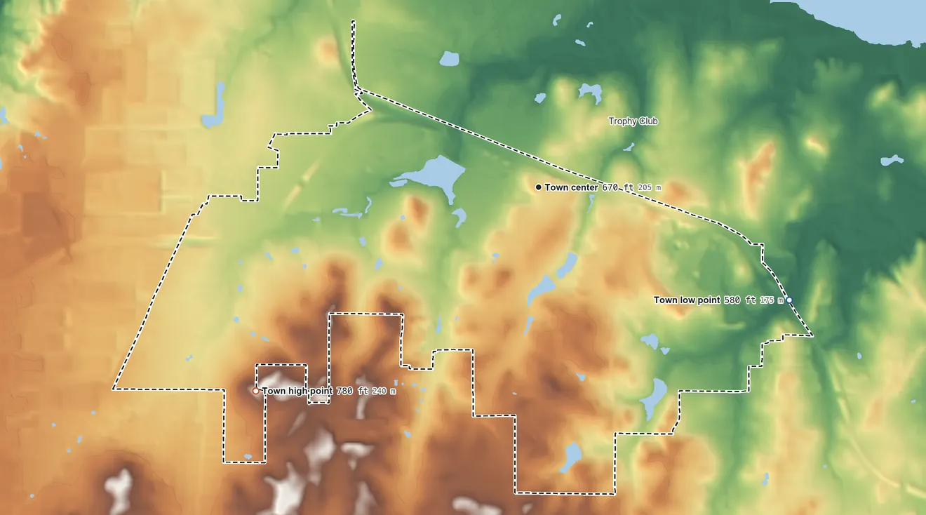 Topographic elevation map of Westlake, Texas, shaded from 580 ft on the southeast side to 780 ft on the southwest side