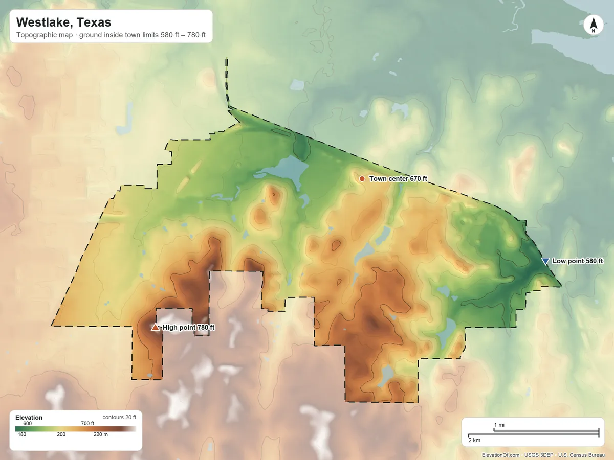 Topographic elevation map of Westlake, Texas, shaded from 580 ft on the southeast side to 780 ft on the southwest side