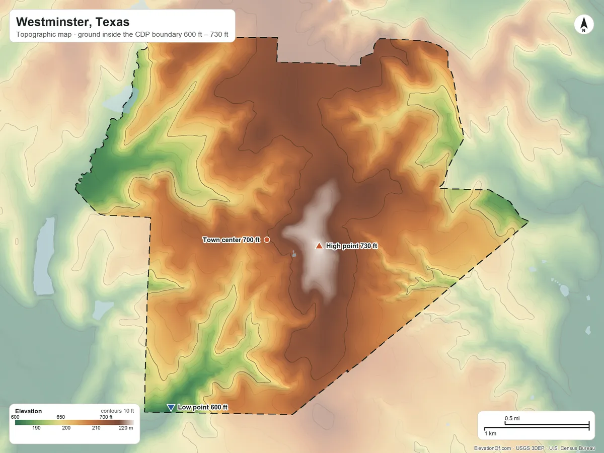 Topographic elevation map of Westminster, Texas, shaded from 600 ft on the southwest side to 730 ft near the middle