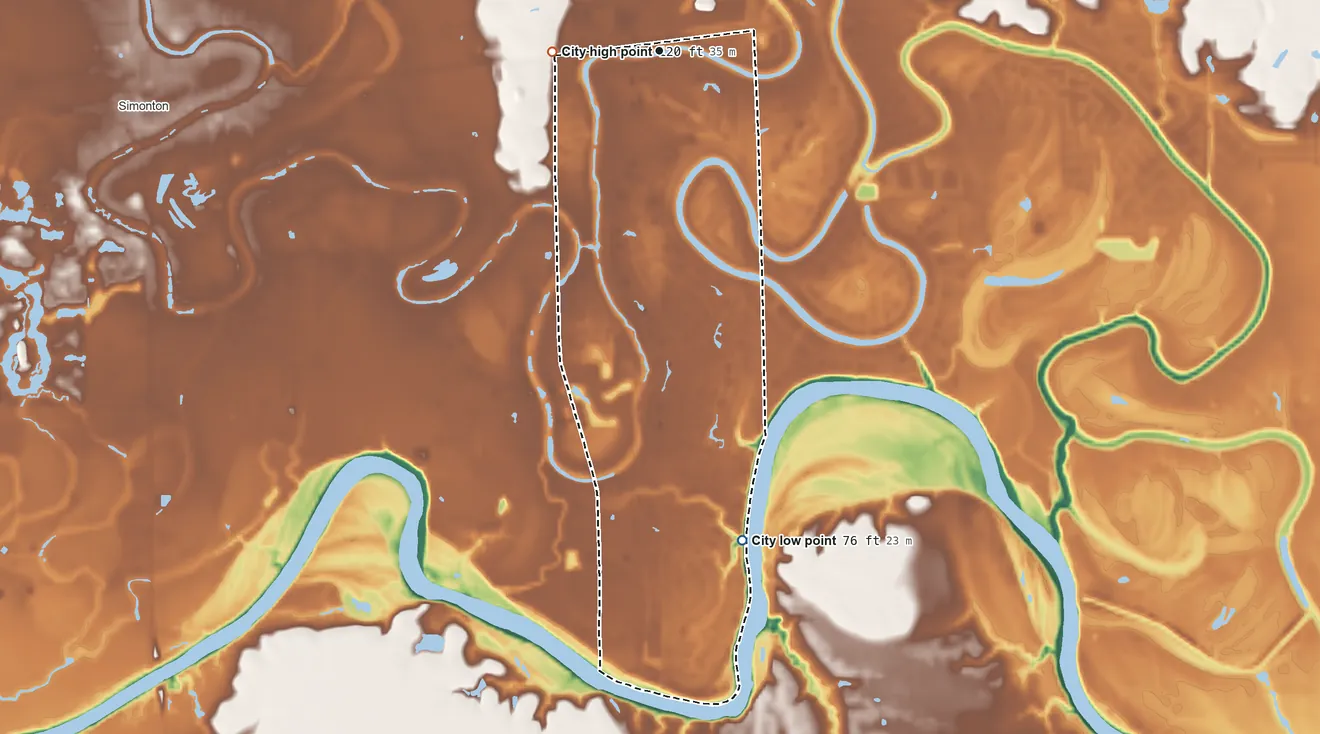 Topographic elevation map of Weston Lakes, Texas, shaded from 76 ft on the south side to 120 ft on the west side