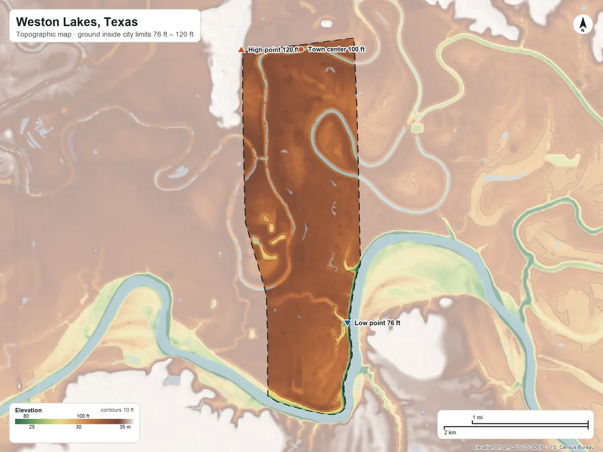 Topographic elevation map of Weston Lakes, Texas, shaded from 76 ft on the south side to 120 ft on the west side