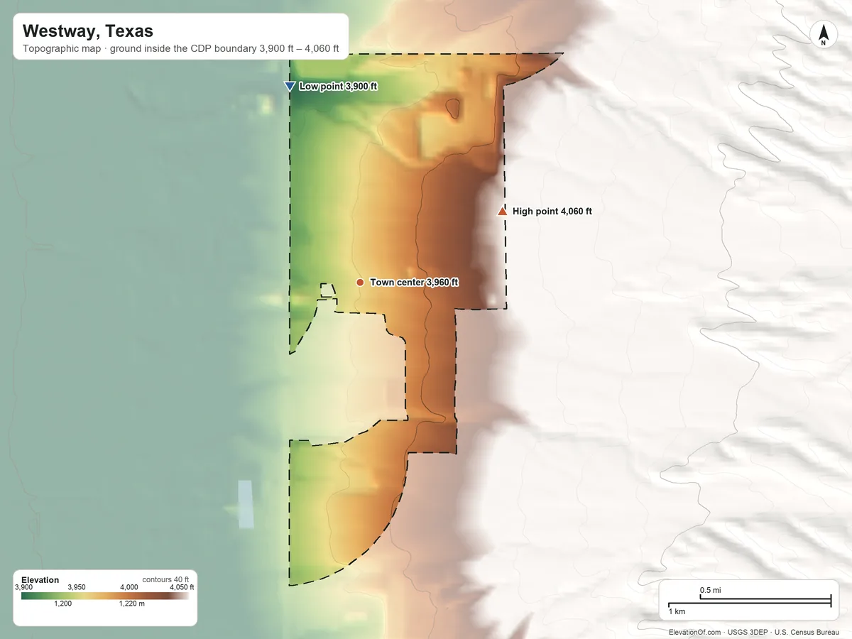 Topographic elevation map of Westway, Texas, shaded from 3,900 ft on the north side to 4,060 ft at the foot of the Franklin Mountains
