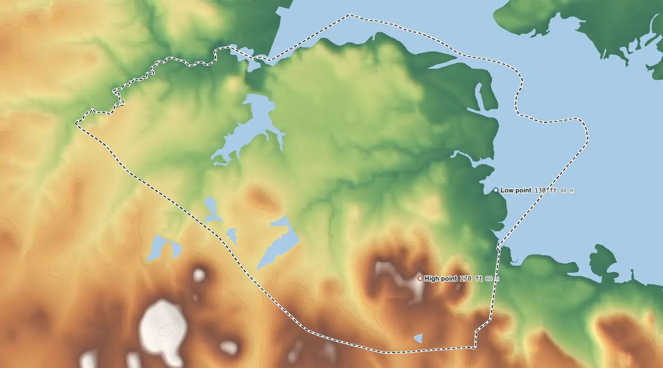 Topographic elevation map of Westwood Shores, Texas, shaded from 130 ft on the east side to 270 ft on the southeast side