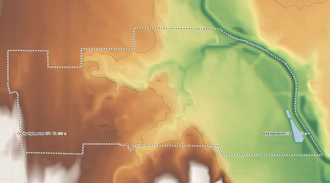 Topographic elevation map of Westworth Village, Texas, shaded from 530 ft on the east side to 670 ft on the west side