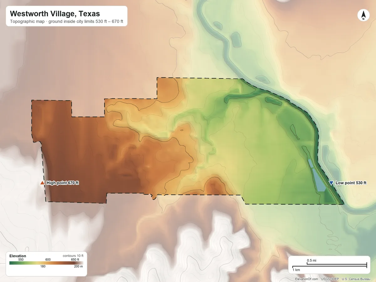 Topographic elevation map of Westworth Village, Texas, shaded from 530 ft on the east side to 670 ft on the west side