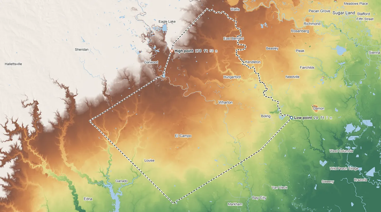 Topographic elevation map of Wharton County, Texas, shaded from 24 ft on the east side to 170 ft on the north side