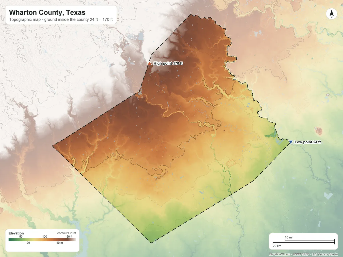 Topographic elevation map of Wharton County, Texas, shaded from 24 ft on the east side to 170 ft on the north side