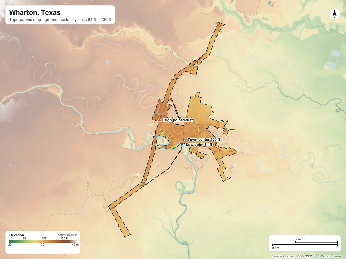 Topographic elevation map of Wharton, Texas, shaded from 64 ft near the middle to 130 ft on the northwest side
