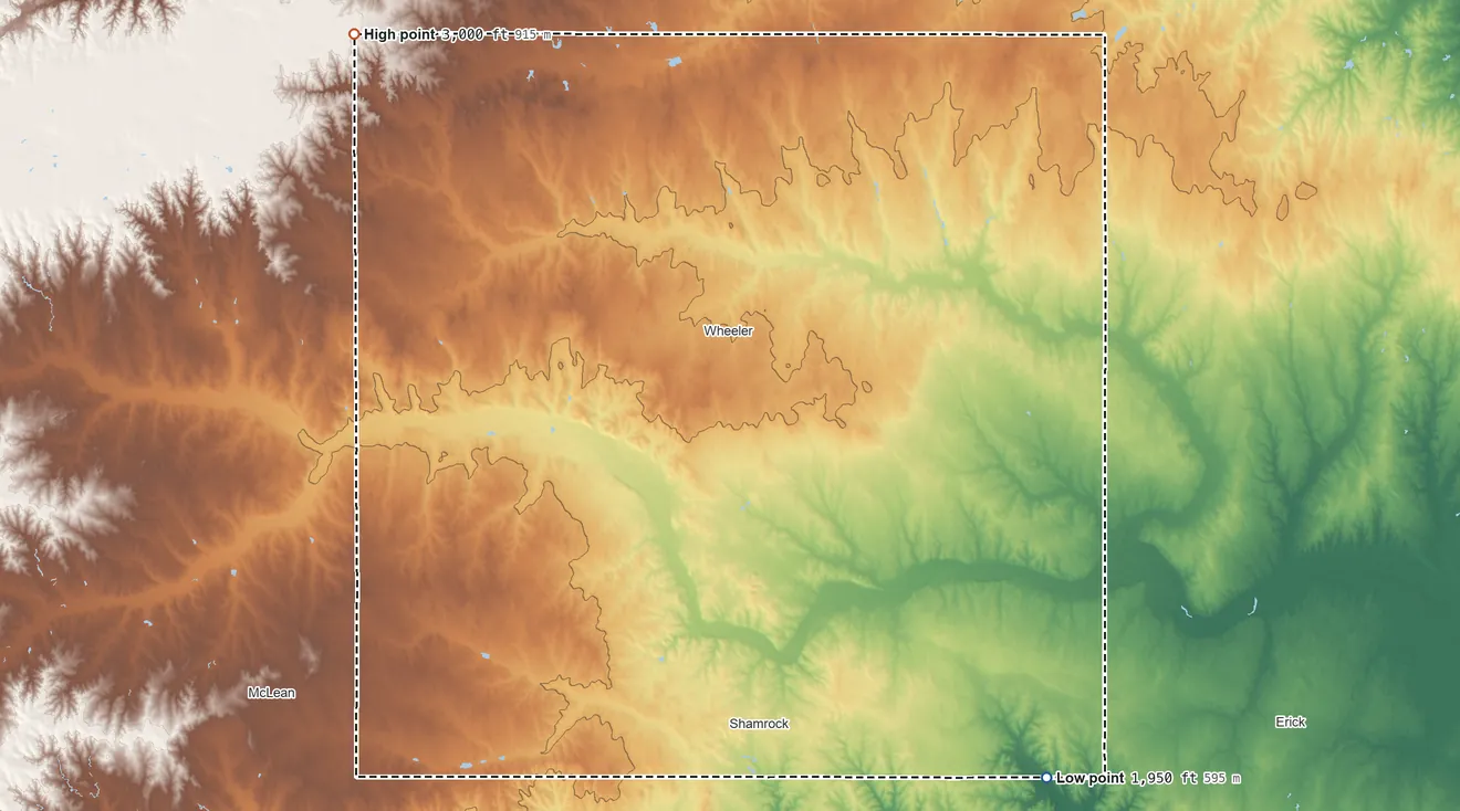 Topographic elevation map of Wheeler County, Texas, shaded from 1,950 ft on the southeast side to 3,000 ft on the northwest side