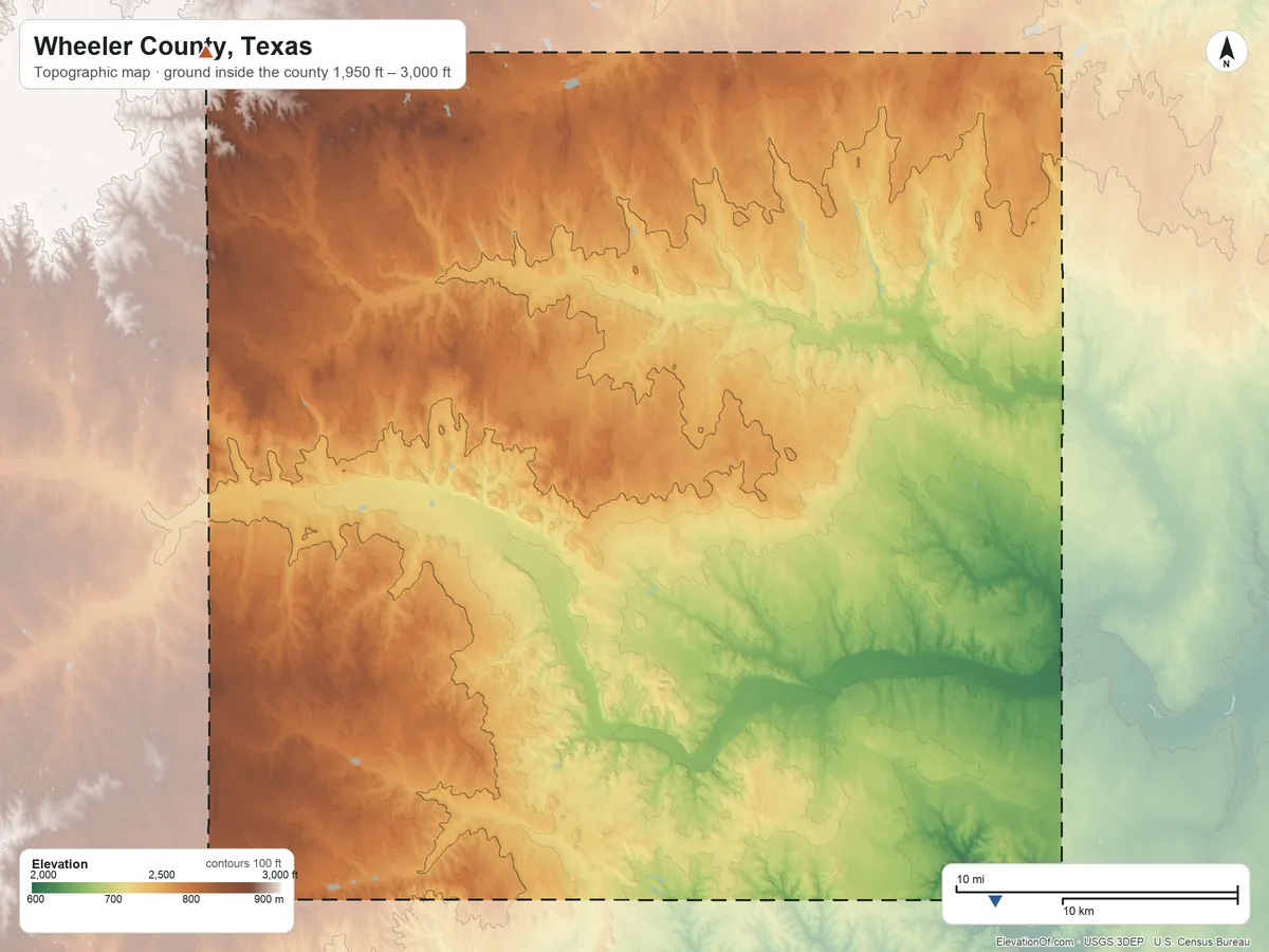 Topographic elevation map of Wheeler County, Texas, shaded from 1,950 ft on the southeast side to 3,000 ft on the northwest side