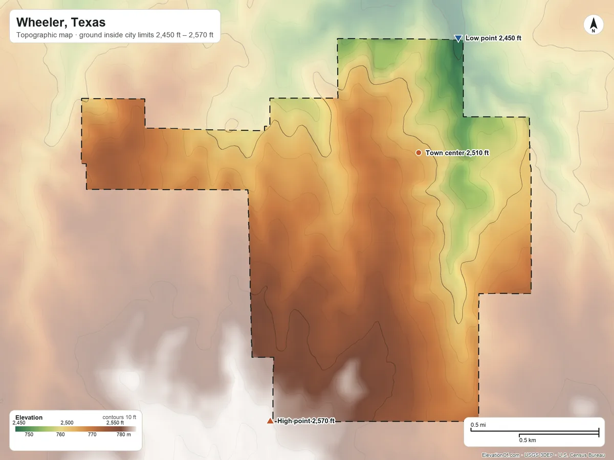 Topographic elevation map of Wheeler, Texas, shaded from 2,450 ft on the north side to 2,570 ft on the southwest side