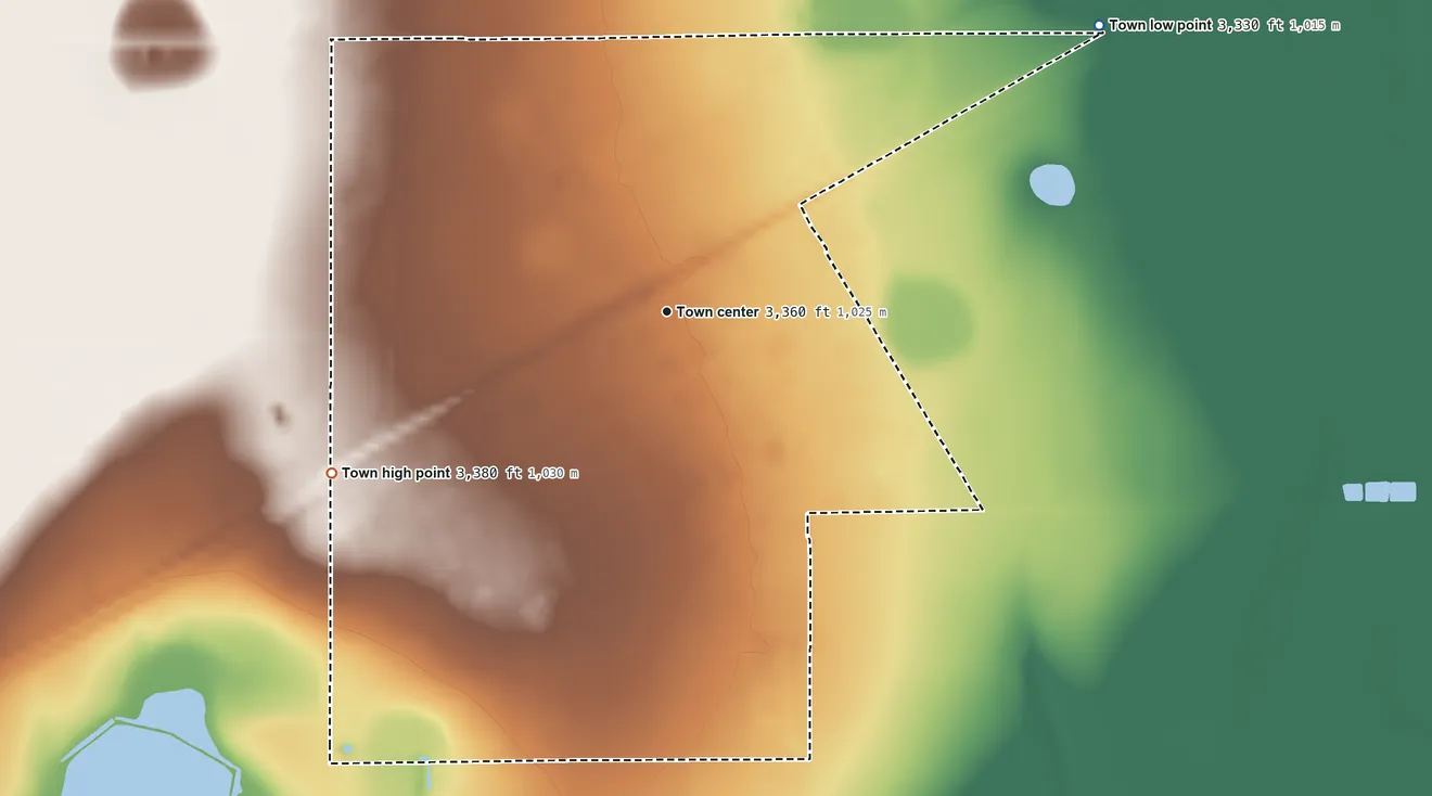 Topographic elevation map of White Deer, Texas, shaded from 3,330 ft on the northeast side to 3,380 ft on the southwest side