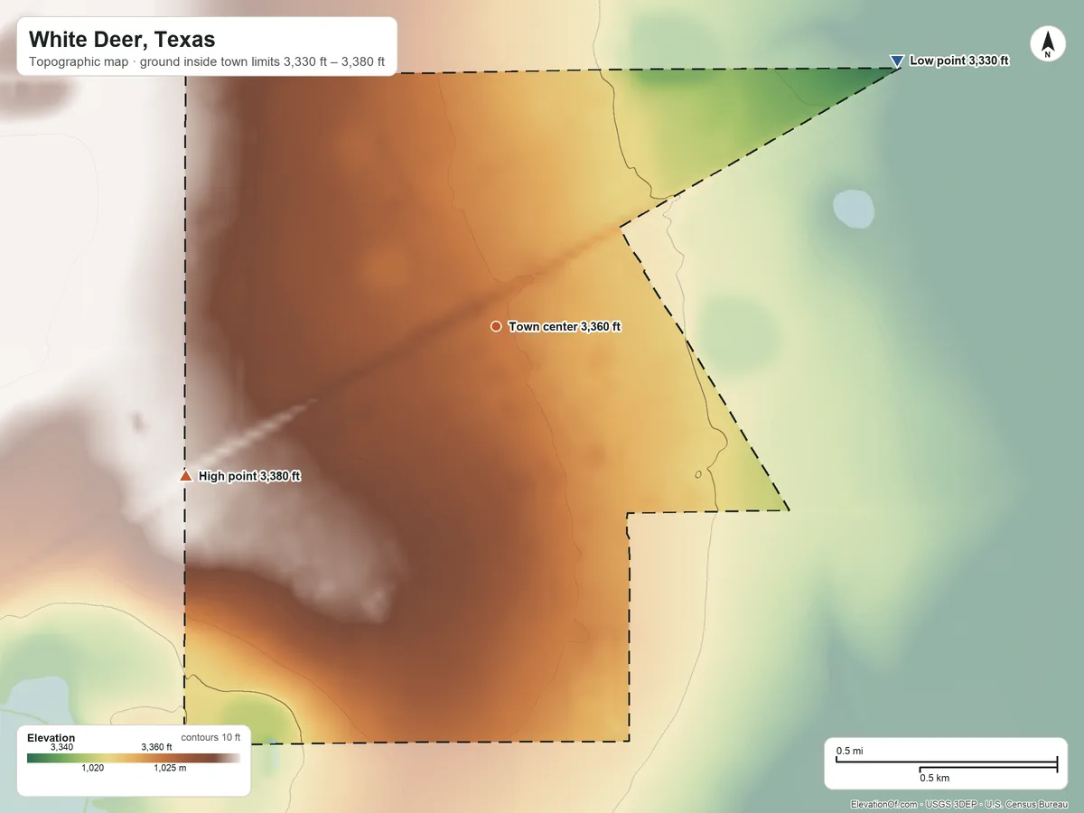 Topographic elevation map of White Deer, Texas, shaded from 3,330 ft on the northeast side to 3,380 ft on the southwest side