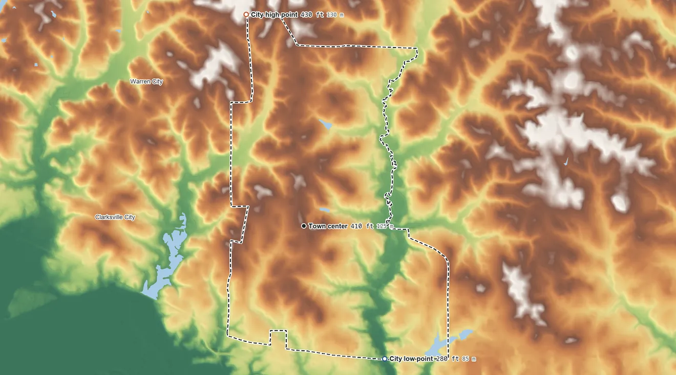 Topographic elevation map of White Oak, Texas, shaded from 280 ft on the southeast side to 430 ft on the north side