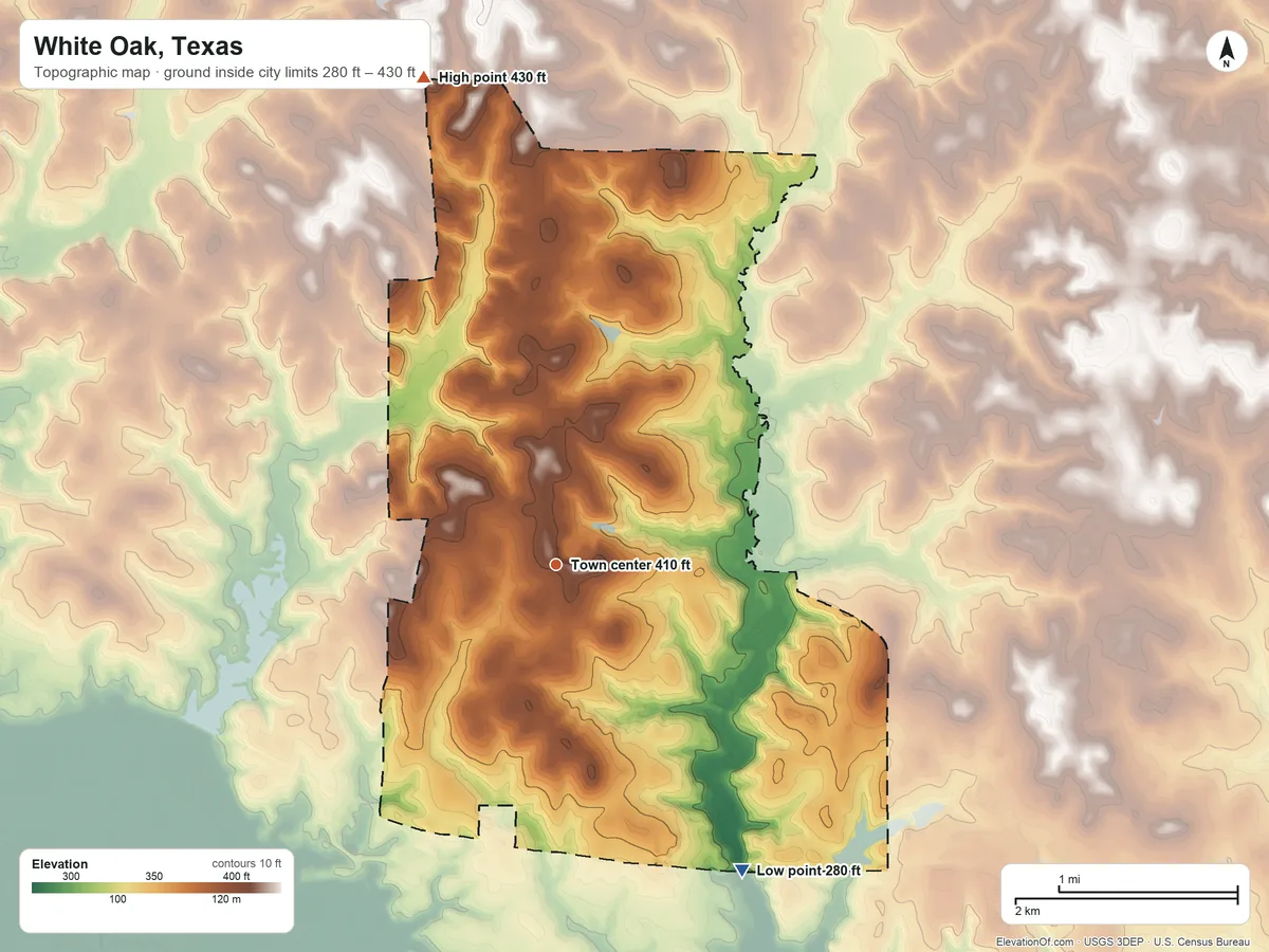 Topographic elevation map of White Oak, Texas, shaded from 280 ft on the southeast side to 430 ft on the north side