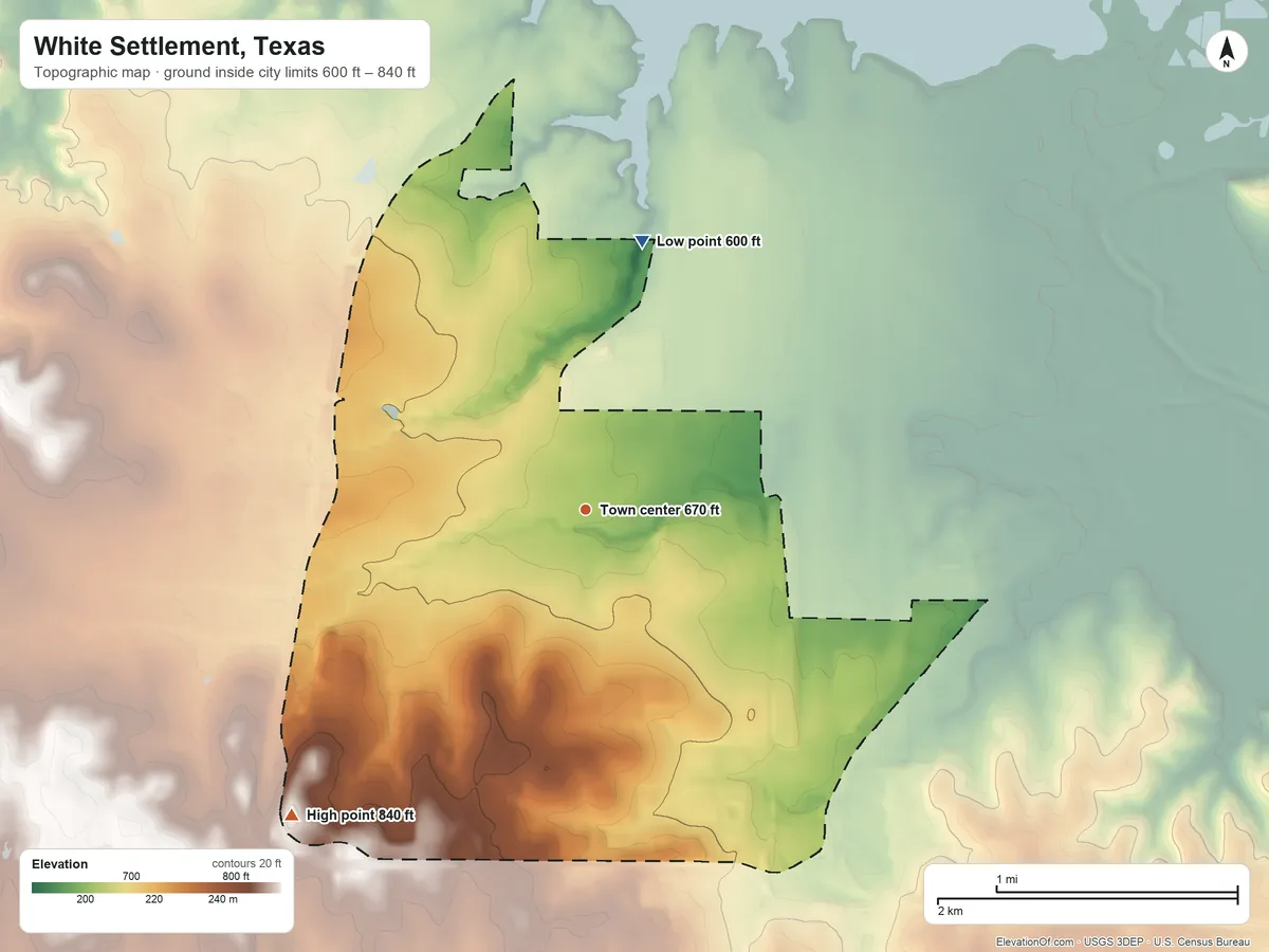 Topographic elevation map of White Settlement, Texas, shaded from 600 ft on the north side to 840 ft on the southwest side