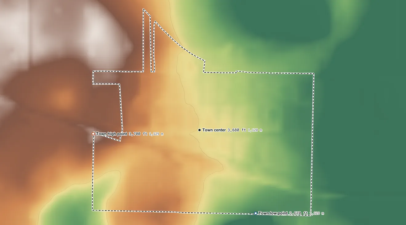 Topographic elevation map of Whiteface, Texas, shaded from 3,670 ft on the southeast side to 3,700 ft on the west side