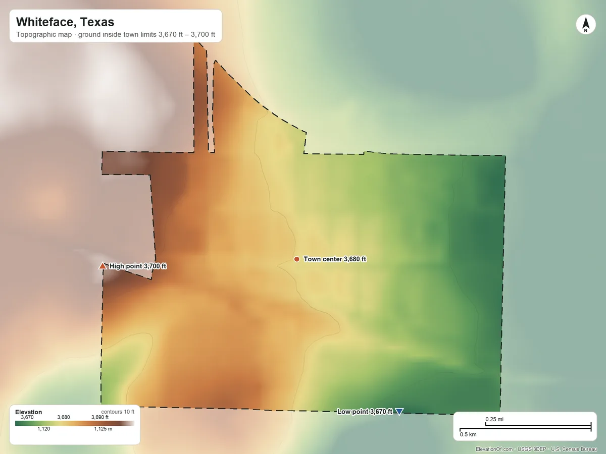 Topographic elevation map of Whiteface, Texas, shaded from 3,670 ft on the southeast side to 3,700 ft on the west side