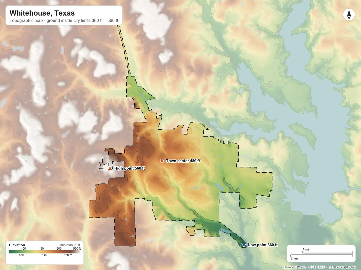 Topographic elevation map of Whitehouse, Texas, shaded from 360 ft on the southeast side to 560 ft on the west side