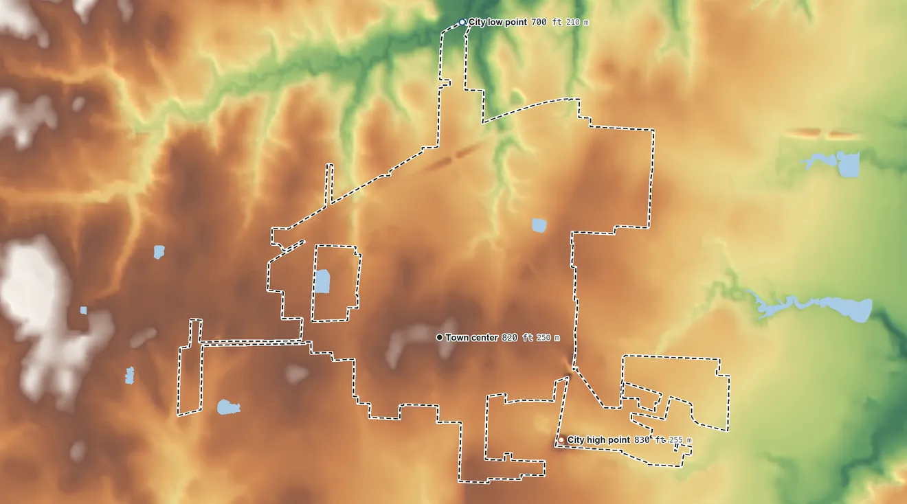 Topographic elevation map of Whitesboro, Texas, shaded from 700 ft on the north side to 830 ft on the southeast side