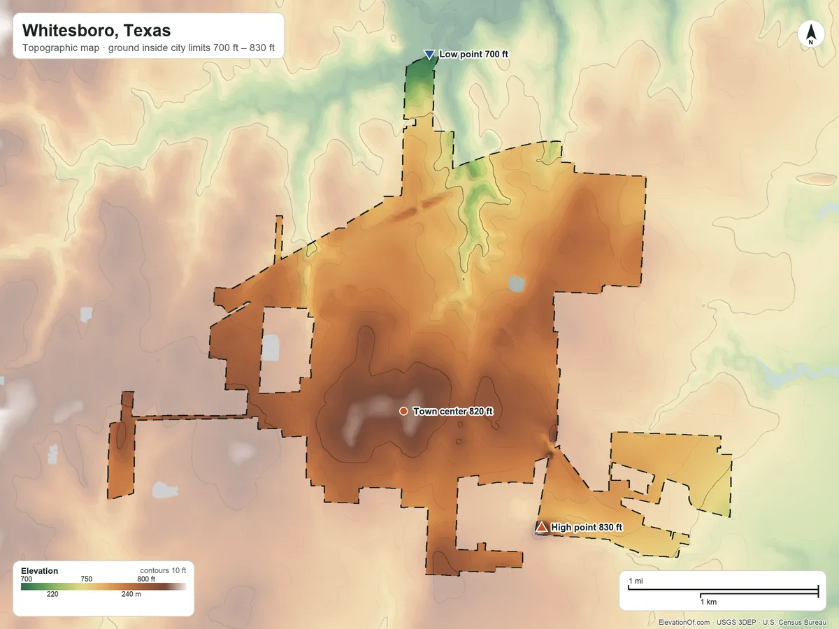 Topographic elevation map of Whitesboro, Texas, shaded from 700 ft on the north side to 830 ft on the southeast side