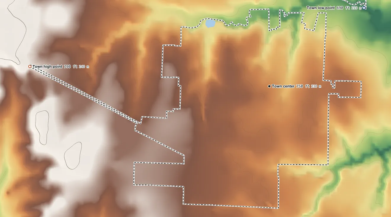 Topographic elevation map of Whitewright, Texas, shaded from 690 ft on the northeast side to 790 ft on the west side