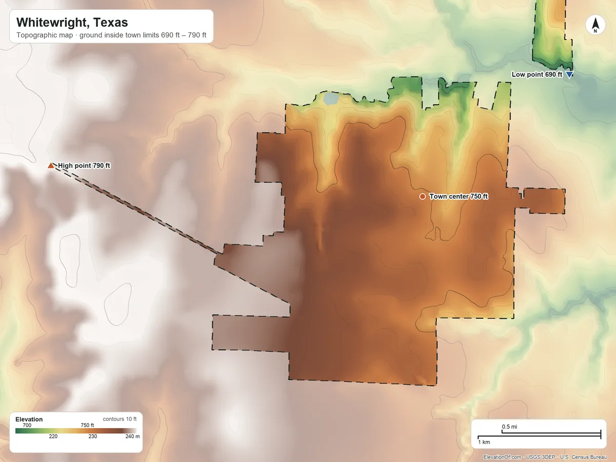Topographic elevation map of Whitewright, Texas, shaded from 690 ft on the northeast side to 790 ft on the west side