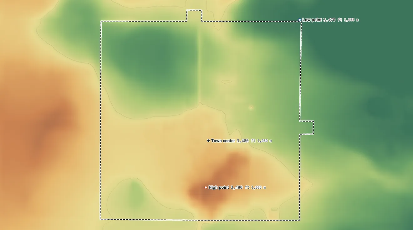 Topographic elevation map of Whitharral, Texas, shaded from 3,470 ft on the northeast side to 3,490 ft on the south side