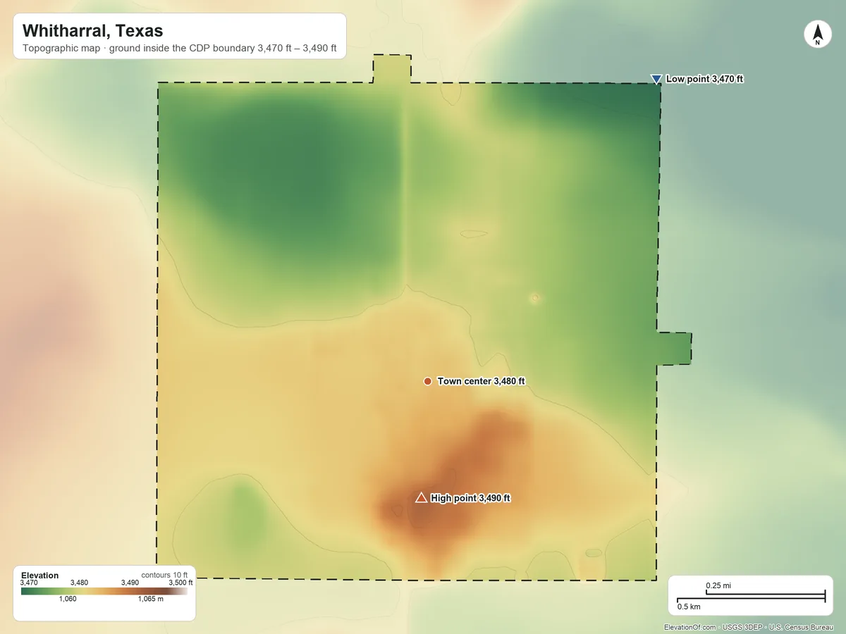 Topographic elevation map of Whitharral, Texas, shaded from 3,470 ft on the northeast side to 3,490 ft on the south side
