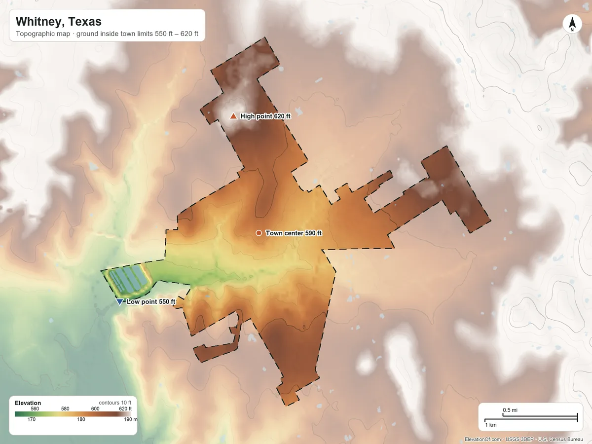 Topographic elevation map of Whitney, Texas, shaded from 550 ft on the southwest side to 620 ft on the north side