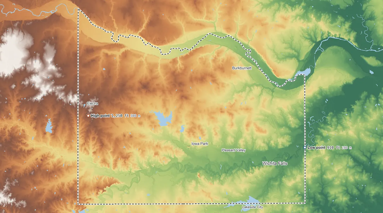 Topographic elevation map of Wichita County, Texas, shaded from 910 ft on the east side to 1,250 ft on the west side