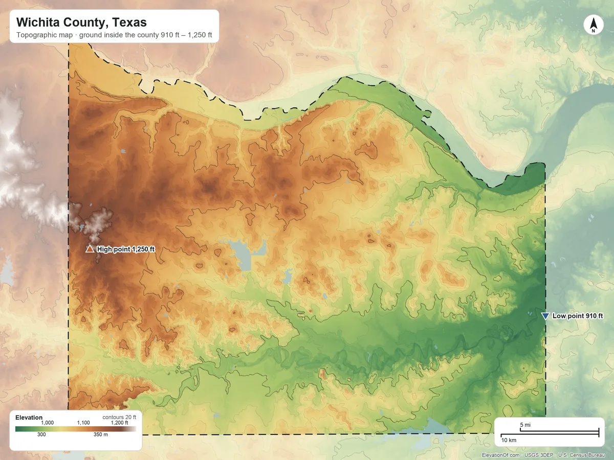 Topographic elevation map of Wichita County, Texas, shaded from 910 ft on the east side to 1,250 ft on the west side