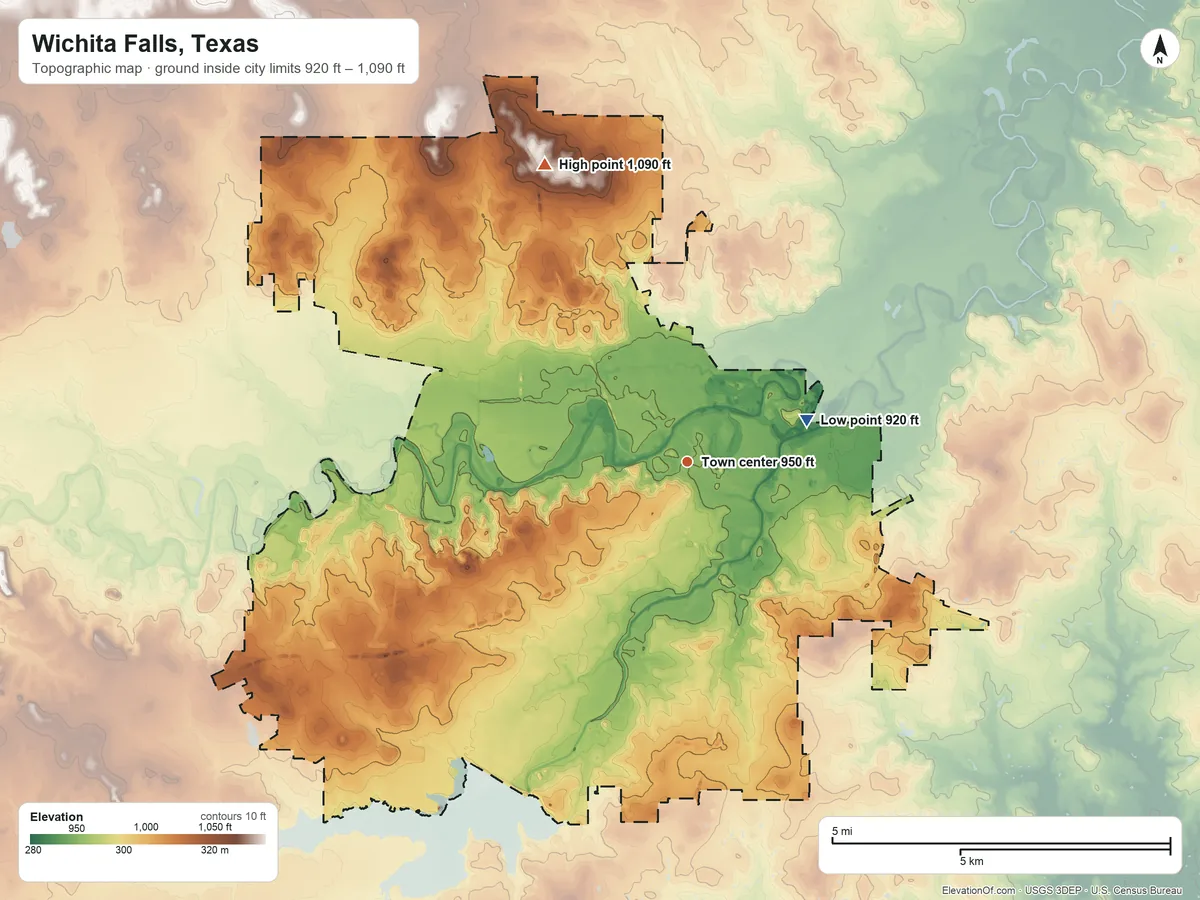 Topographic elevation map of Wichita Falls, Texas, shaded from 920 ft on the east side to 1,090 ft on the northwest side