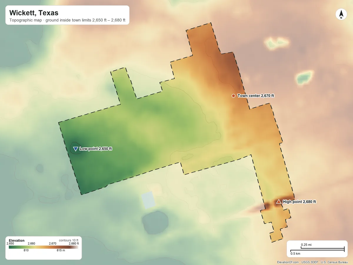 Topographic elevation map of Wickett, Texas, shaded from 2,650 ft on the west side to 2,680 ft on the southeast side