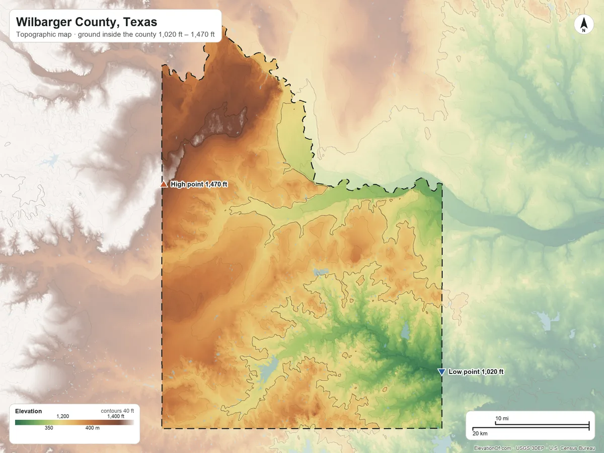 Topographic elevation map of Wilbarger County, Texas, shaded from 1,020 ft on the southeast side to 1,470 ft on the west side