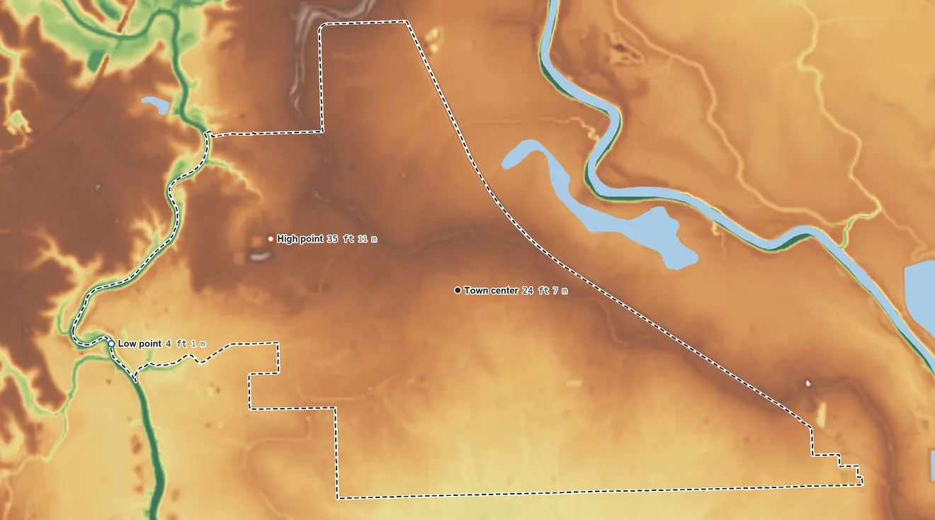 Topographic elevation map of Wild Peach Village, Texas, shaded from 4 ft on the west side to 35 ft on the west side