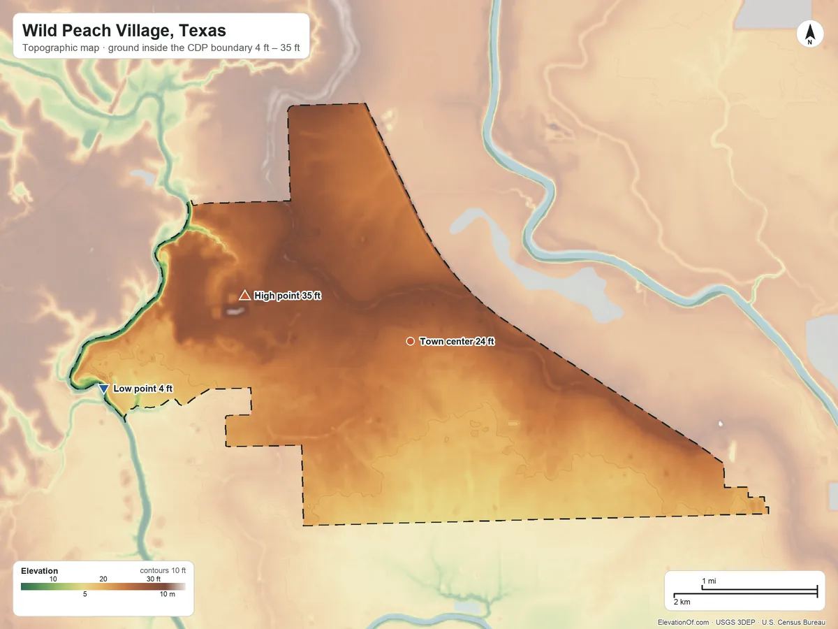 Topographic elevation map of Wild Peach Village, Texas, shaded from 4 ft on the west side to 35 ft on the west side