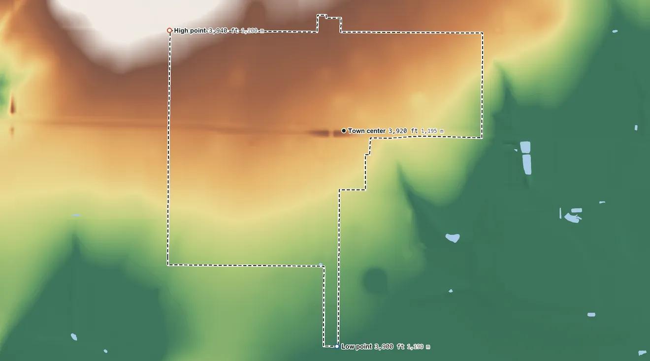 Topographic elevation map of Wildorado, Texas, shaded from 3,900 ft on the south side to 3,940 ft on the northwest side