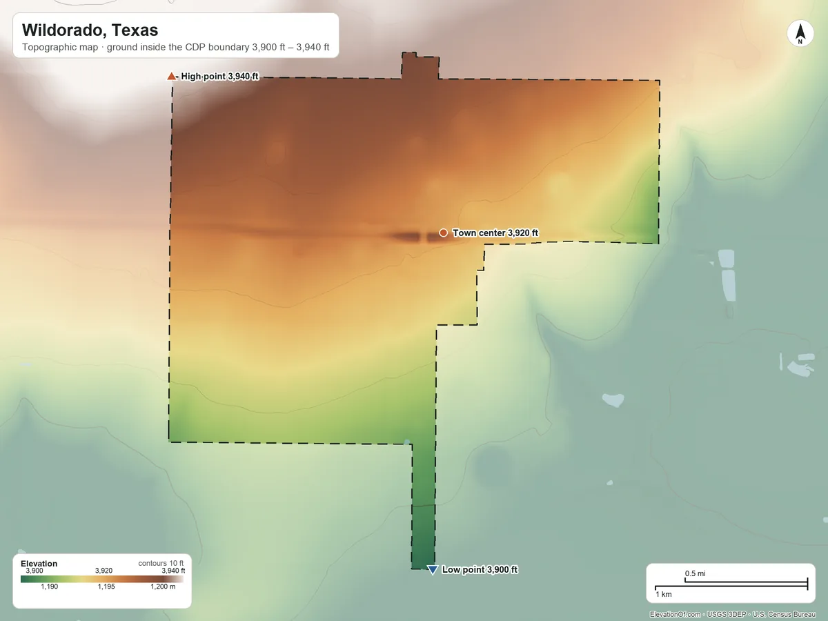 Topographic elevation map of Wildorado, Texas, shaded from 3,900 ft on the south side to 3,940 ft on the northwest side