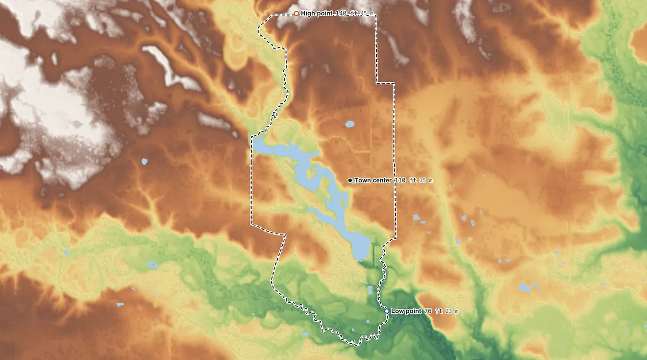 Topographic elevation map of Wildwood, Texas, shaded from 76 ft on the south side to 140 ft on the north side