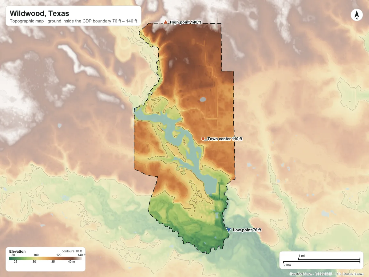 Topographic elevation map of Wildwood, Texas, shaded from 76 ft on the south side to 140 ft on the north side